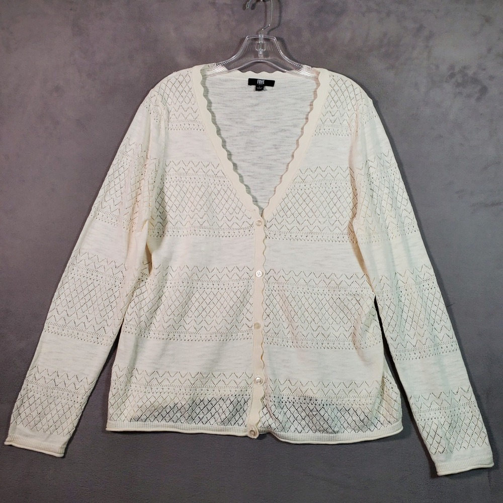 Frye Cardigan Women L Ivory Cotton Pointelle Scallop Boho Cottagecore Coastal